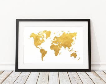 Gold Foil World Map Print - World Map Decor, World Map Poster, Home Wall Decoration, Minimalist Print, Printable Instant Download Digital