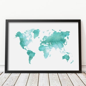 Mint grün Aquarell Weltkarte Druck - Teal Weltkarte Poster, Morden Art, Kinderzimmer, Wand-Kunst, Instant Download Digital Print JPG