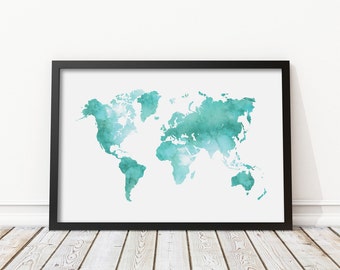 Mint Green Watercolor World Map Print - Teal World Map Poster, Morden Art, Nursery decor, Home Wall Art, Instant Download Digital Print JPG