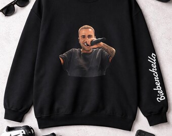 Bieberchella Portrait Crewneck Sweatshirt | Microphone Illustration, Sleeve Script