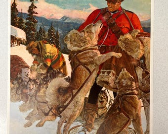 Vintage Arnold Friberg Print Canadian Mountie Sled Dogs