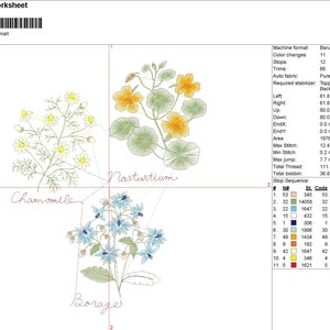 Pu&ograve; includere: Un disegno di ricamo digitale che presenta quattro tipi diversi di fiori: camomilla, nasturzio, borragine e un fiore blu. Il disegno &egrave; etichettato con i nomi di ogni fiore e include una tabella dei colori con 11 colori diversi.
