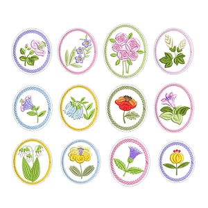 May include: Twelve embroidered floral designs in circular frames with different coloured borders. Each design features a different flower or flower arrangement, including roses, lilies, and bellflowers.