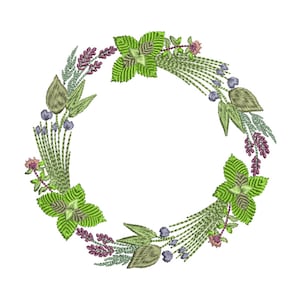 May include: Embroidered wreath with green leaves, purple flowers, and blue berries. The wreath is circular and has a white background.