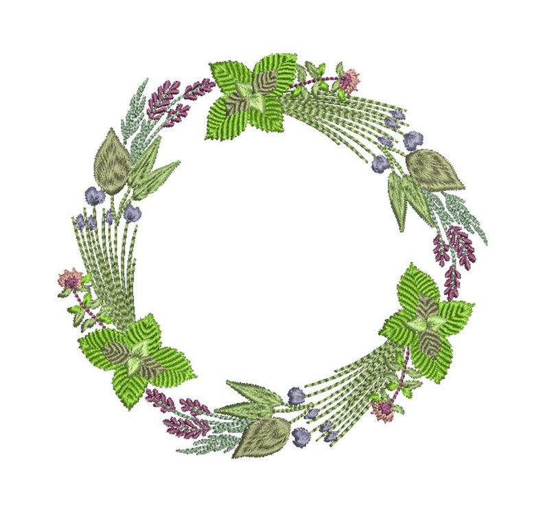 May include: Embroidered wreath with green leaves, purple flowers, and blue berries. The wreath is circular and has a white background.