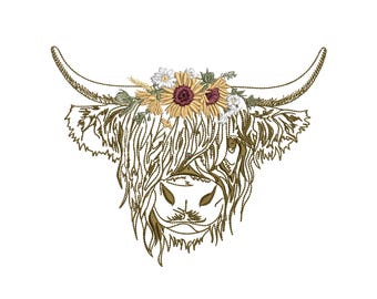 Sunflower Highland Cow Machine Embroidery Design (Instant Download 5 sizes)