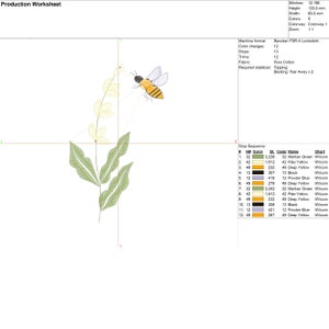 May include: A bee with yellow and black stripes is flying towards a white flower with green leaves. The image is a digital embroidery design with 12 color changes and 13 stops. The design is 133.2 mm high and 83.2 mm wide.
