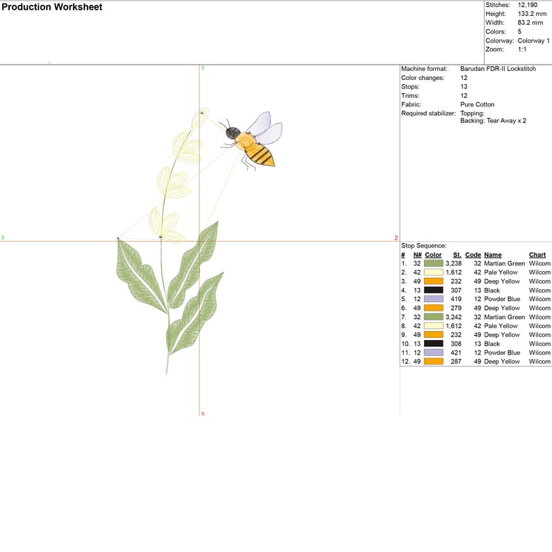 May include: A bee with yellow and black stripes is flying towards a white flower with green leaves. The image is a digital embroidery design with 12 color changes and 13 stops. The design is 133.2 mm high and 83.2 mm wide.