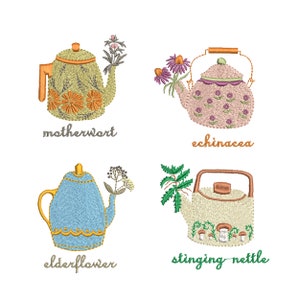 以下が含まれることがあります： ハーブの名前が書かれた、花柄の刺繍が施されたティーポットが4つ。マザーワート、エキナセア、エルダーフラワー、イラクサ。
