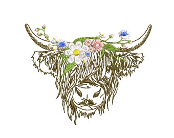 Happy Bohemian Summer Highland Cow Machine Embroidery Design, Instant Download ZIP- 4 sizes