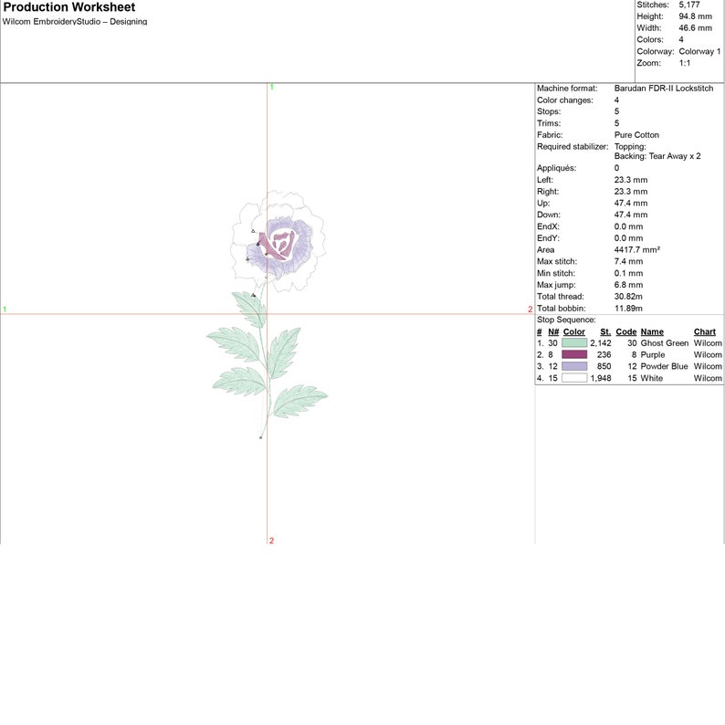 Puede incluir: Un dise&ntilde;o de bordado digital de una flor blanca y morada con hojas verdes. El dise&ntilde;o tiene 46,6 mm de ancho y 94,8 mm de alto y utiliza 4 colores. El dise&ntilde;o es para una m&aacute;quina Barudan FOR II Lockstitch.