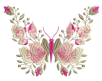 Diseño de bordado a máquina de mariposa y flores, patrón de jardín botánico floral, descarga instantánea en ZIP - 4 tamaños