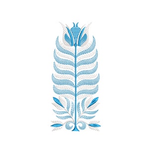 May include: A blue and white embroidered design of a stylized flower with a long stem and leaves.