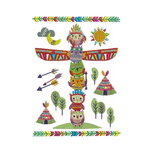 May include: A colorful embroidered design of a Native American totem pole with owls, arrows, and teepees. The totem pole is decorated with geometric patterns and feathers. The design is surrounded by a border of arrows.