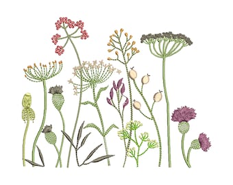 Diseño de bordado a máquina de hierbas y flores de prado, patrón floral botánico de jardín de Pascua (descarga instantánea ZIP, 13 diseños, 4 tamaños)