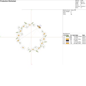 May include: A digital embroidery design featuring a wreath of white daisies with yellow centers and green leaves, surrounding a small bee with yellow and black stripes. The design is perfect for creating a charming and whimsical embroidery project.
