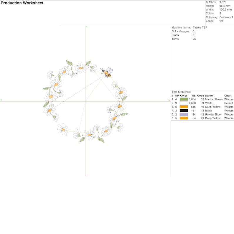 May include: A digital embroidery design featuring a wreath of white daisies with yellow centers and green leaves, surrounding a small bee with yellow and black stripes. The design is perfect for creating a charming and whimsical embroidery project.
