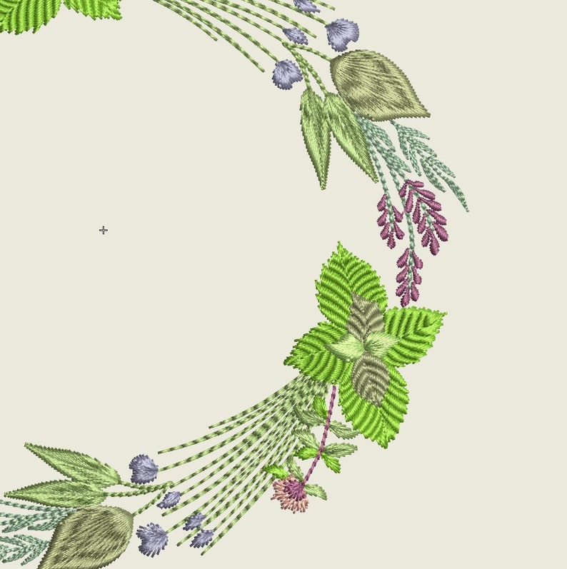 May include: A green floral wreath with purple, green, and blue flowers. The wreath is made of embroidered fabric and is perfect for adding a touch of nature to your home decor.