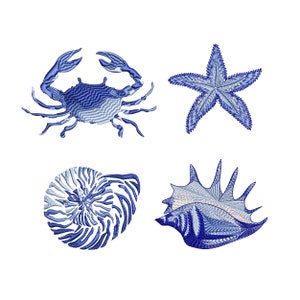 4 Sea Fish Crab Nautical Chinoiserie Chic Tropical Marine Ocean Fish Shell Machine Embroidery Design Pattern Instant Download ZIP- 7 sizes