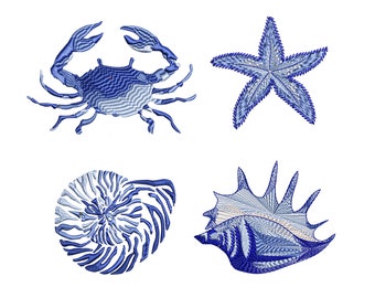 Sea Fish Nautical Machine Embroidery Design: Crab, Shell (Instant Download, 7 sizes)