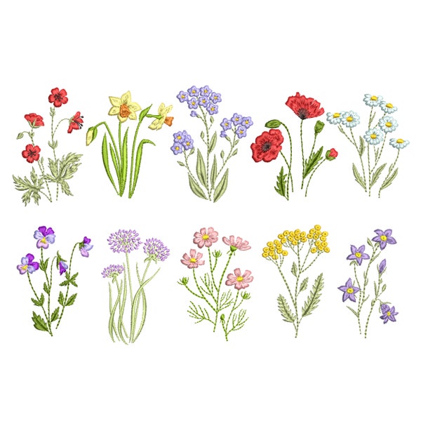 10 Blumen Stickmuster, Blumen Botanische Narzisse Mohn Wildblumen Bundle Muster Instant Download Zip - 7 Größen