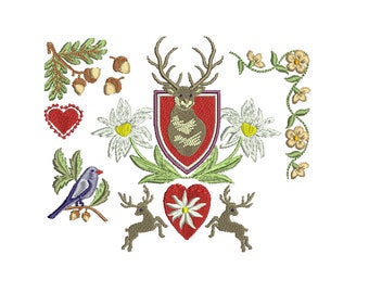 Può includere: Disegno ricamato con una testa di cervo in uno scudo, circondato da fiori, cuori e un uccello. Il disegno è in tonalità di rosso, verde, bianco e marrone.
