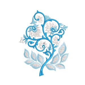 May include: A blue floral embroidery design with white flowers and leaves. The design features intricate swirls and curls.