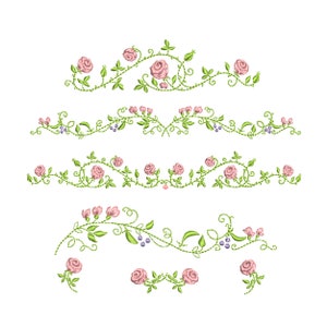 バラの花のボーダー機械刺繍、デイジーの花の植物園のパターン 即時ダウンロード ZIP - 4 サイズ