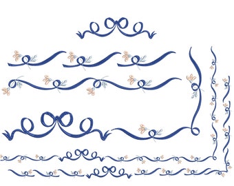 Chinoiserie Flower Border Machine Embroidery Design, Rose Bow Trim Corner Pattern Instant Download ZIP - 5 sizes