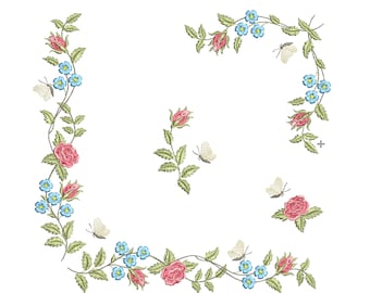 Rose Border and Corners Machine Embroidery, Flower Floral Botanical Borders Pattern Instant Download ZIP - 9 elements 5 sizes