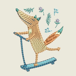 May include: A cartoon fox riding a blue scooter with a brown and yellow tail and a green and blue floral design in the background.