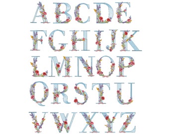 May include: A blue alphabet with floral embellishments. Each letter is outlined in blue and decorated with a wreath of flowers, including red poppies, purple lavender, and yellow wildflowers.