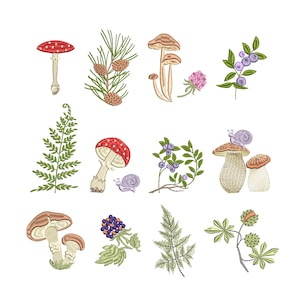 May include: Embroidered illustrations of various forest elements, including mushrooms, ferns, berries, pine cones, and snails. The illustrations are in shades of red, green, brown, and purple.
