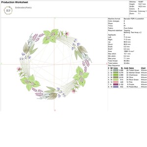 May include: A digital embroidery design featuring a wreath of green leaves, purple flowers, and pink flowers. The design is 133.7 mm high and 142.0 mm wide and uses 8 colors. The design is for a Barudan FDR-II Lockstitch machine.