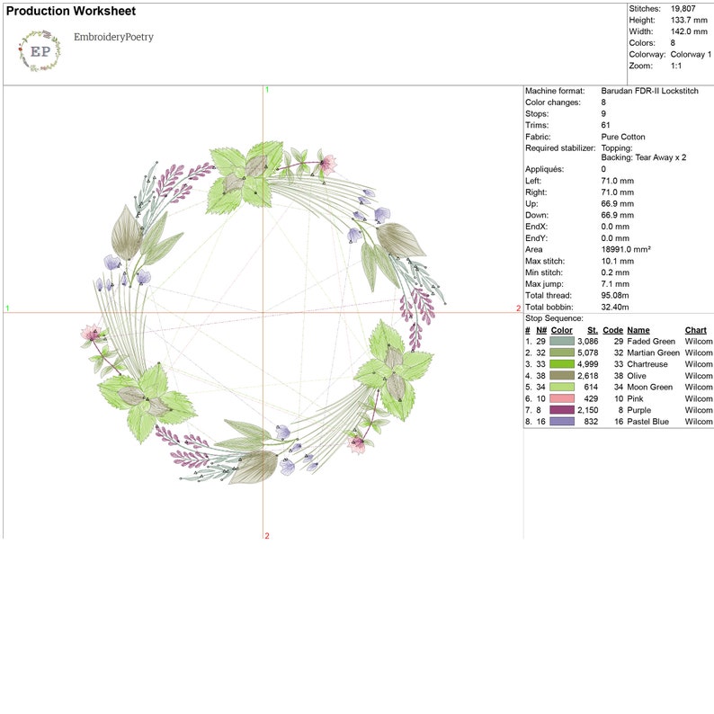 May include: A digital embroidery design featuring a wreath of green leaves, purple flowers, and pink flowers. The design is 133.7 mm high and 142.0 mm wide and uses 8 colors. The design is for a Barudan FDR-II Lockstitch machine.