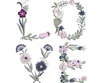 May include: Floral embroidery design of the word "LOVE" in white, pink, purple, and blue colours.