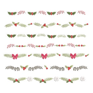 8 Christmas Holly Santa Border Machine Embroidery, Winter Holiday Floral Bow Botanical Foliage Pattern Instant Download ZIP - 5 SIZES
