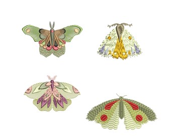 12 種類の花、蛾、蝶、昆虫、虫、トンボ、花、植物園、夏の機械刺繍