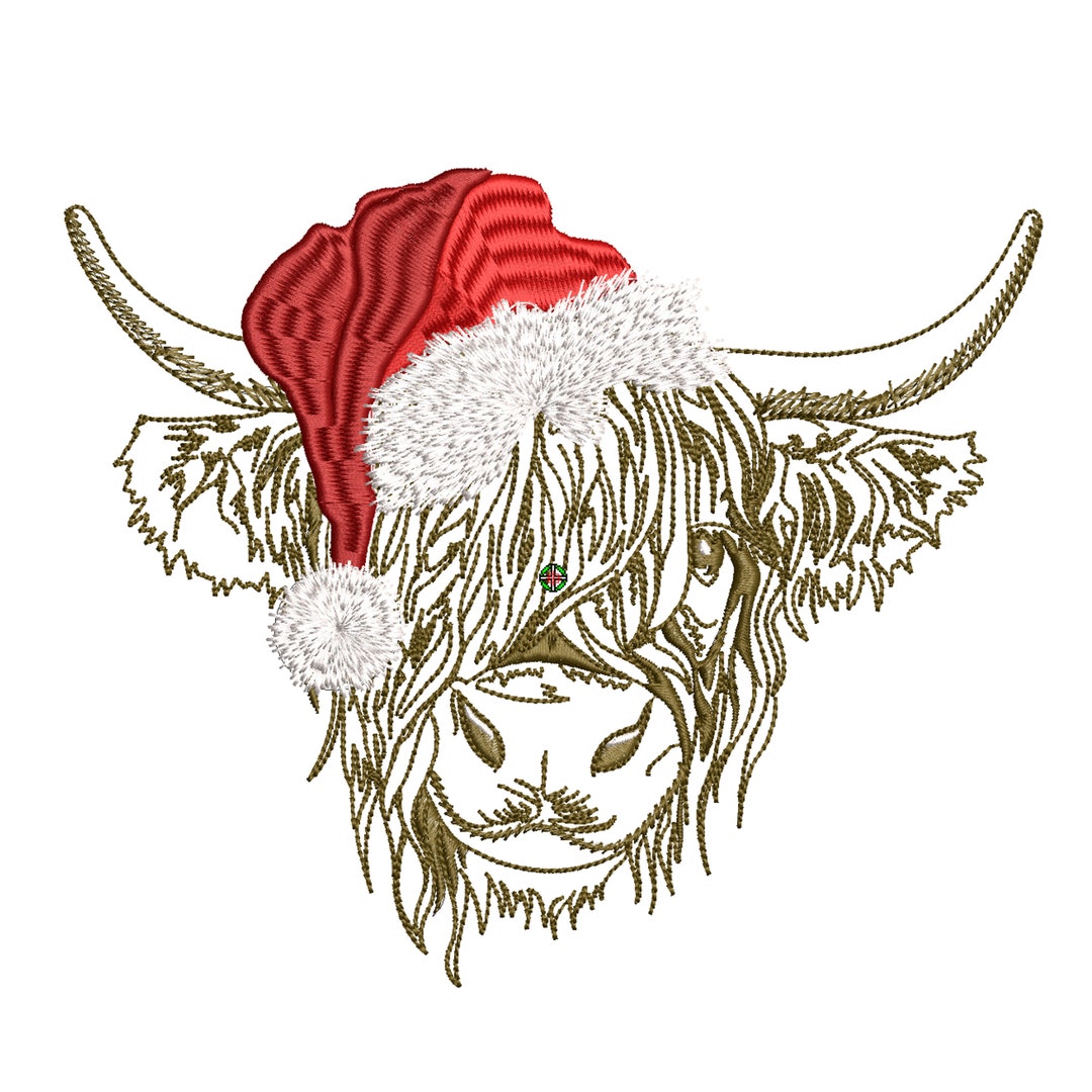 Christmas Highland Cow Machine Embroidery Design, Winter Bohemian Santa