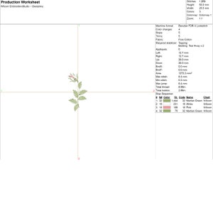 Puede incluir: Una hoja de trabajo de producci&oacute;n para un dise&ntilde;o de bordado a m&aacute;quina de una flor rosa con hojas verdes. La hoja de trabajo incluye informaci&oacute;n sobre el dise&ntilde;o, como el n&uacute;mero de puntadas, los colores y la longitud del hilo. Tambi&eacute;n incluye un gr&aacute;fico que muestra la secuencia de colores y el recuento de puntadas para cada color.