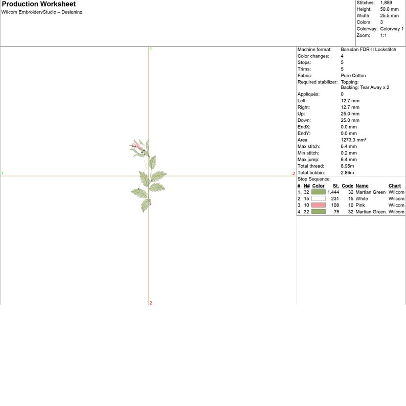 Puede incluir: Una hoja de trabajo de producci&oacute;n para un dise&ntilde;o de bordado a m&aacute;quina de una flor rosa con hojas verdes. La hoja de trabajo incluye informaci&oacute;n sobre el dise&ntilde;o, como el n&uacute;mero de puntadas, los colores y la longitud del hilo. Tambi&eacute;n incluye un gr&aacute;fico que muestra la secuencia de colores y el recuento de puntadas para cada color.