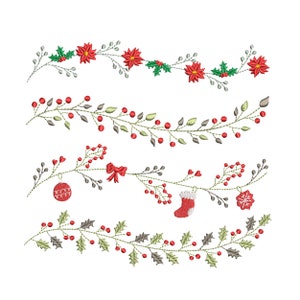 Op de afbeelding: Vier geborduurde kerstkransontwerpen met hulst, bessen en rode kerststerren. De onderste krans bevat een rode sok, een rode kerstbal en een sneeuwvlok.