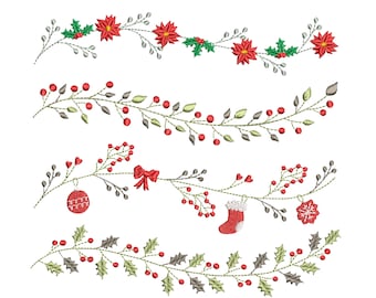May include: Four embroidered Christmas garland designs featuring holly, berries, and red poinsettia flowers. The bottom garland includes a red stocking, a red ornament, and a snowflake.
