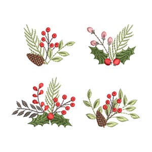 Diseño de bordado a máquina de ramo de acebo navideño con Papá Noel, patrón botánico floral de invierno (descarga instantánea ZIP, 5 tamaños)
