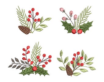 Christmas Holly Santa Bouquet Machine Embroidery Design, Winter Floral Botanical Pattern (Instant Download ZIP, 5 SIZES)