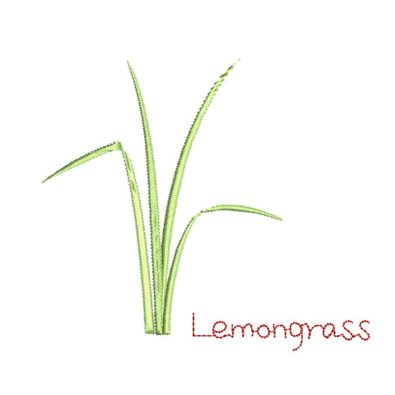 Puede incluir: Primer plano de un manojo de tallos de hierba de lim&oacute;n verde con la palabra "Lemongrass" escrita en rojo debajo.