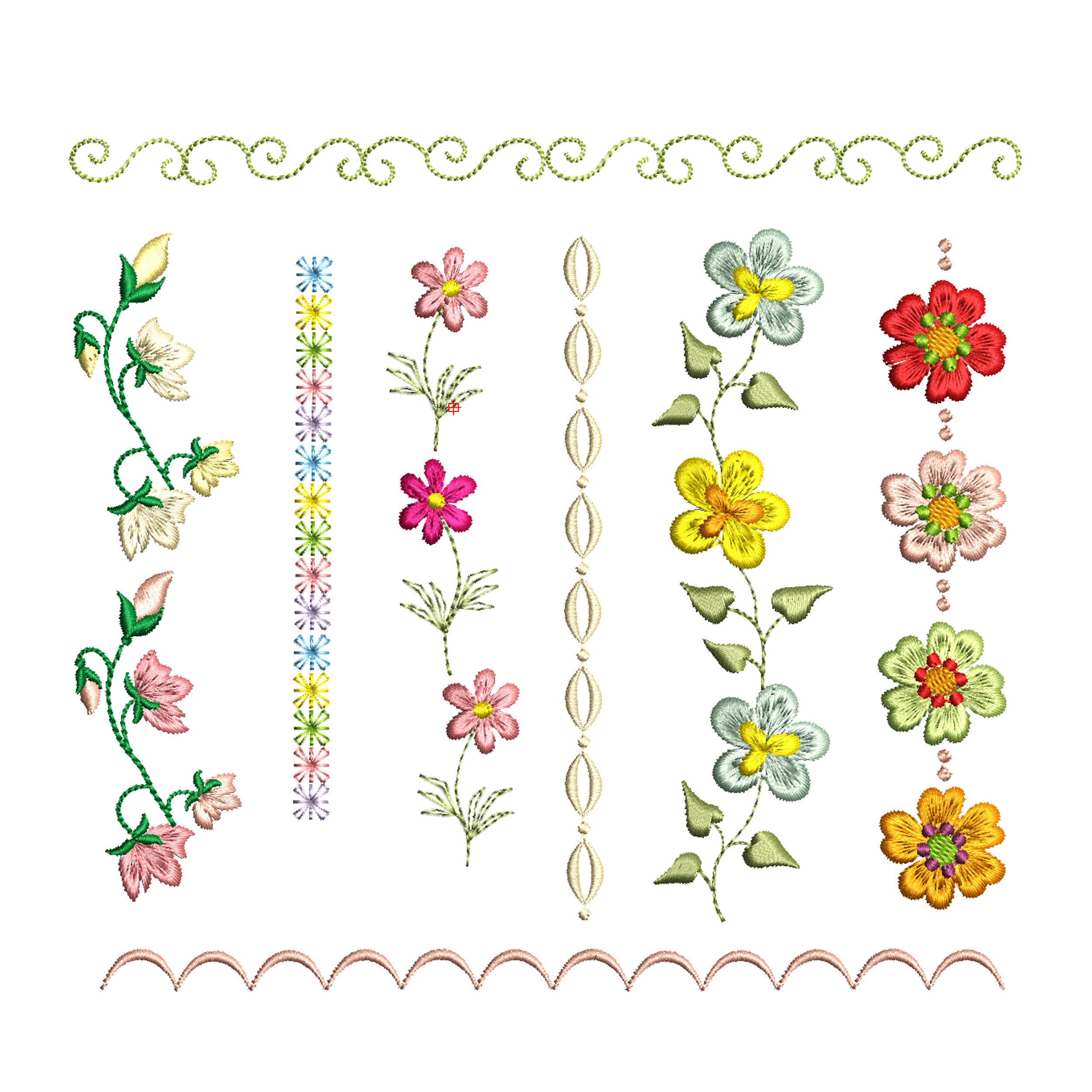 Flower Border Machine Embroidery, Scalloped Daisy Floral Botanical