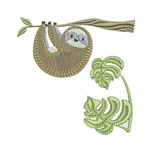 May include: A brown sloth hanging upside down from a branch with green leaves. Two green tropical leaves are below the sloth.