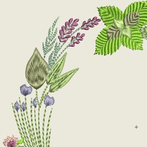 May include: Embroidered floral design featuring lavender, green leaves, and other wildflowers in shades of purple, green, and white.