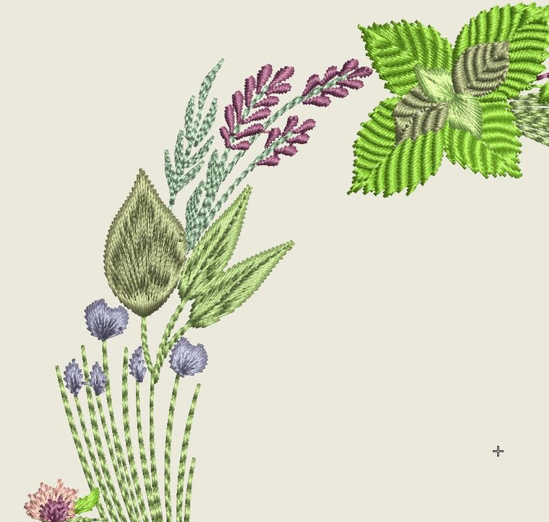 May include: Embroidered floral design featuring lavender, green leaves, and other wildflowers in shades of purple, green, and white.
